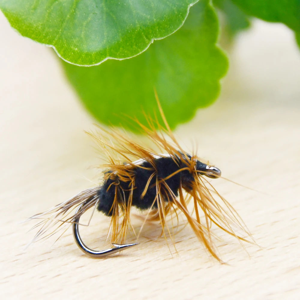 MNFT 10Pcs Fly Fishing Lure Gold Trout Flies Artificial Bait Black Worm Body Fake Baits Hook 6#