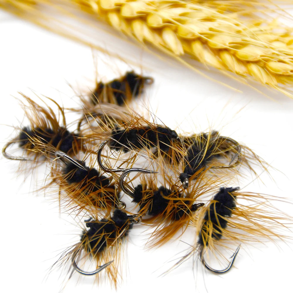 MNFT 10Pcs Fly Fishing Lure Gold Trout Flies Artificial Bait Black Worm Body Fake Baits Hook 6#
