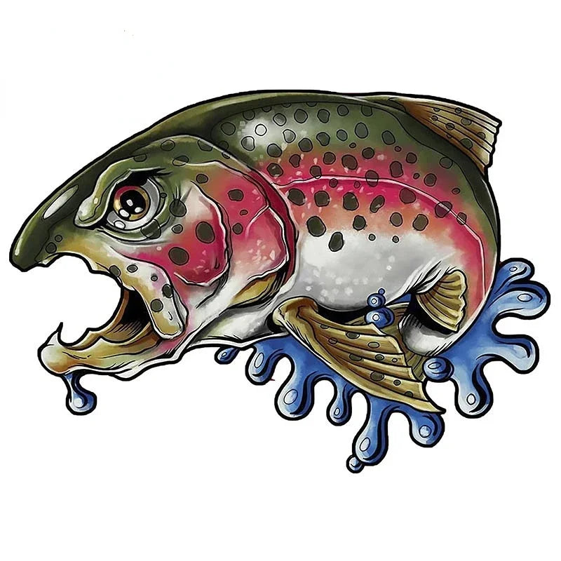 New Design Creative Cartoon Snake River Mountain Trout Sticker Bumper Grille Fishing Art Waterproof Car Sticker, 13cm
