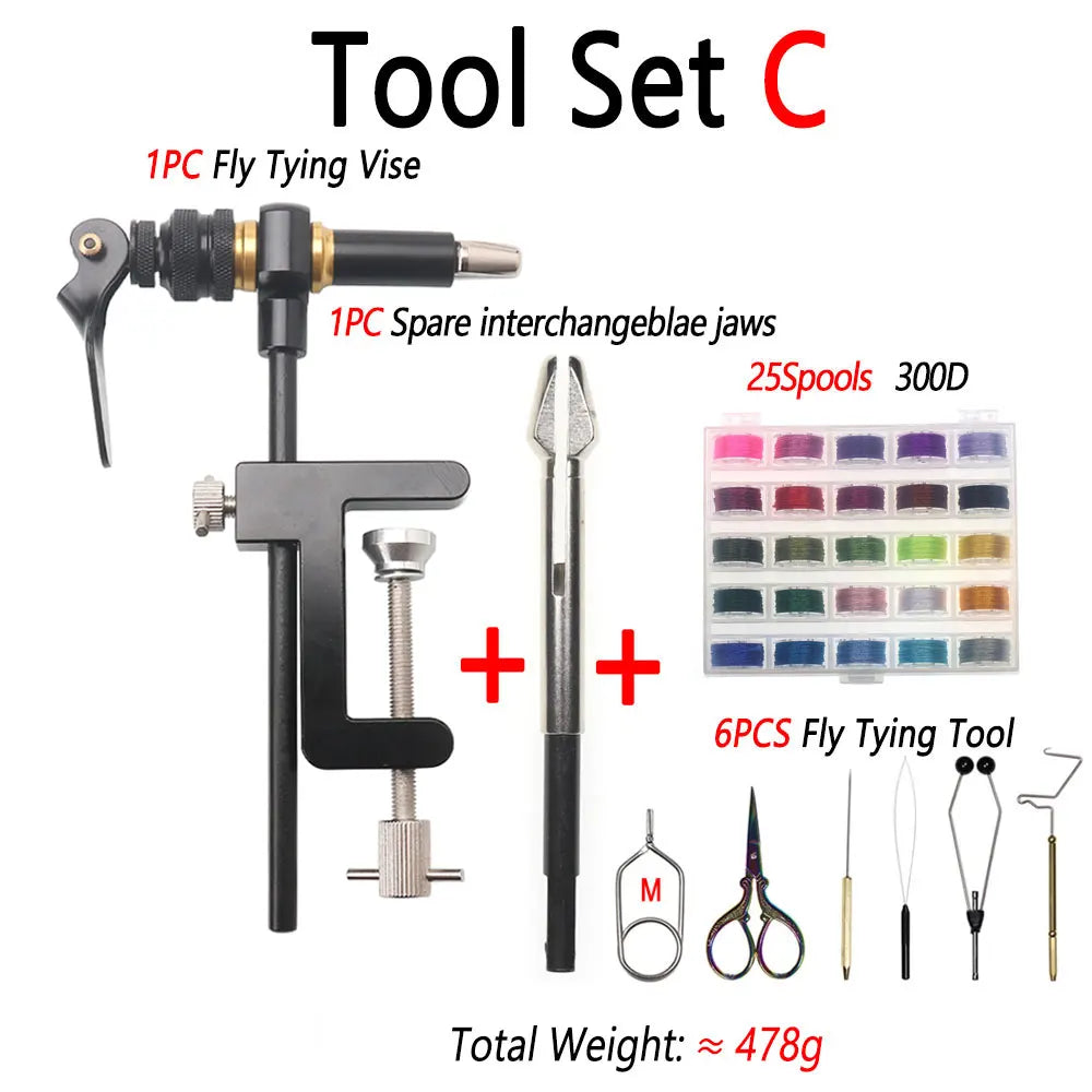 Bimoo 360° Rotation C-Clamp Fly Tying Vise Hardened Steel Jaws Jig Lure Making Tool Fly Tying Tool Kit 300D Assist Binding Threa