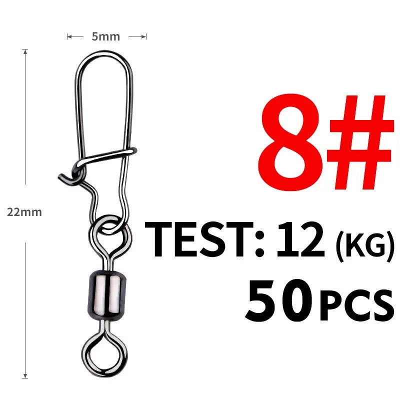 50pcs/lot Fishing Connector 2# 4# 6# 8# 10# Pin Bearing Rolling Swivel Stainless Steel With Snap Fishhook Lure Tackle