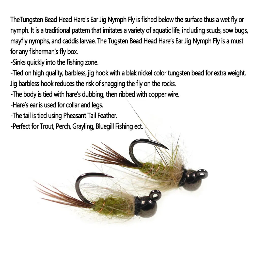 Bimoo 6pcs #14 Tungsten Bead Head Hare's Ear Jig Nymph Fly Barbless Fast Sinking Wet Euro Nymph Fly Trout Fishing Lures Baits