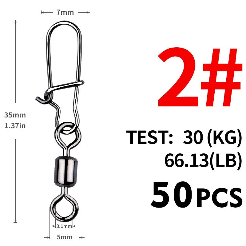 50pcs/lot Fishing Connector 2# 4# 6# 8# 10# Pin Bearing Rolling Swivel Stainless Steel With Snap Fishhook Lure Tackle