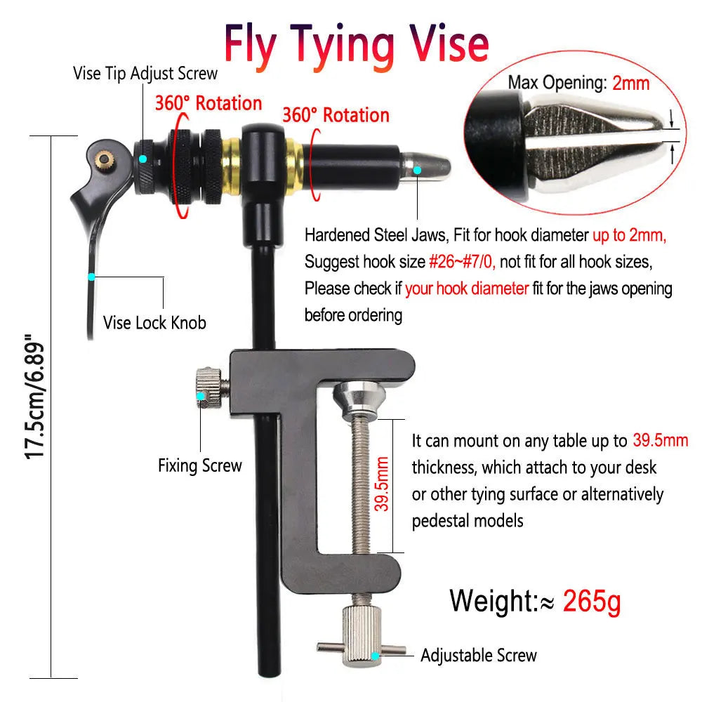 Bimoo 360° Rotation C-Clamp Fly Tying Vise Hardened Steel Jaws Jig Lure Making Tool Fly Tying Tool Kit 300D Assist Binding Threa