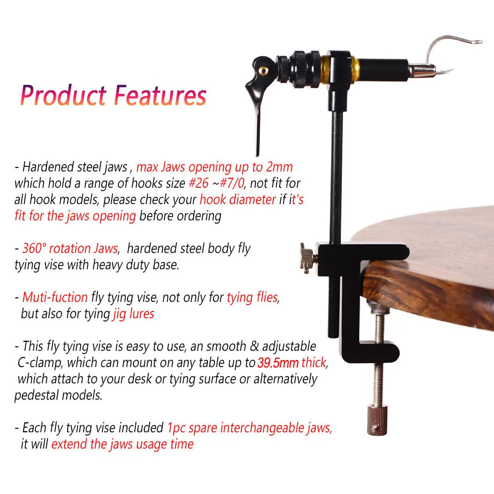 Bimoo 360° Rotation C-Clamp Fly Tying Vise Hardened Steel Jaws Jig Lure Making Tool Fly Tying Tool Kit 300D Assist Binding Threa