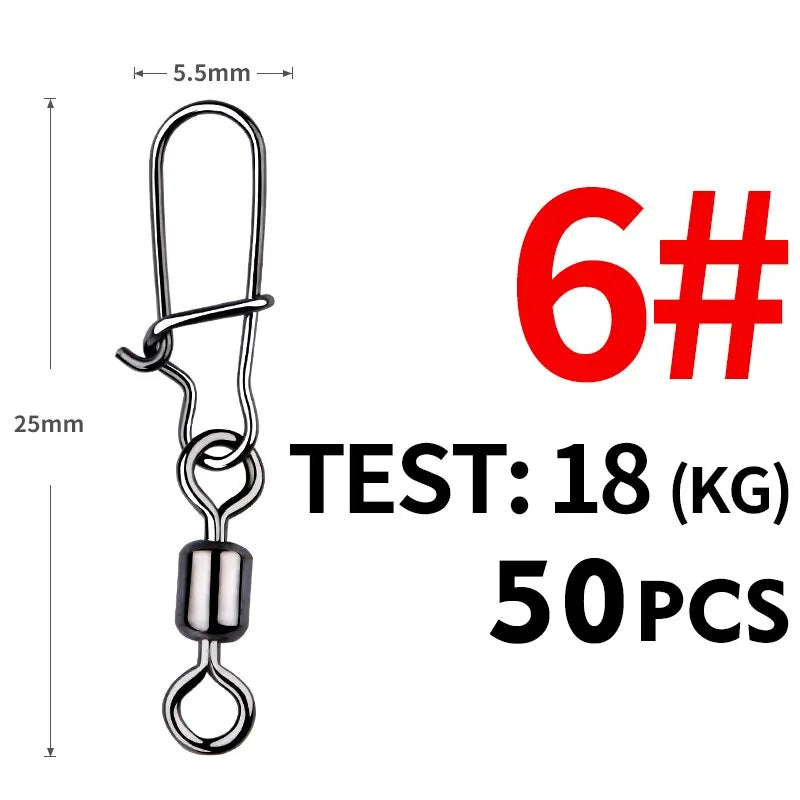 50pcs/lot Fishing Connector 2# 4# 6# 8# 10# Pin Bearing Rolling Swivel Stainless Steel With Snap Fishhook Lure Tackle