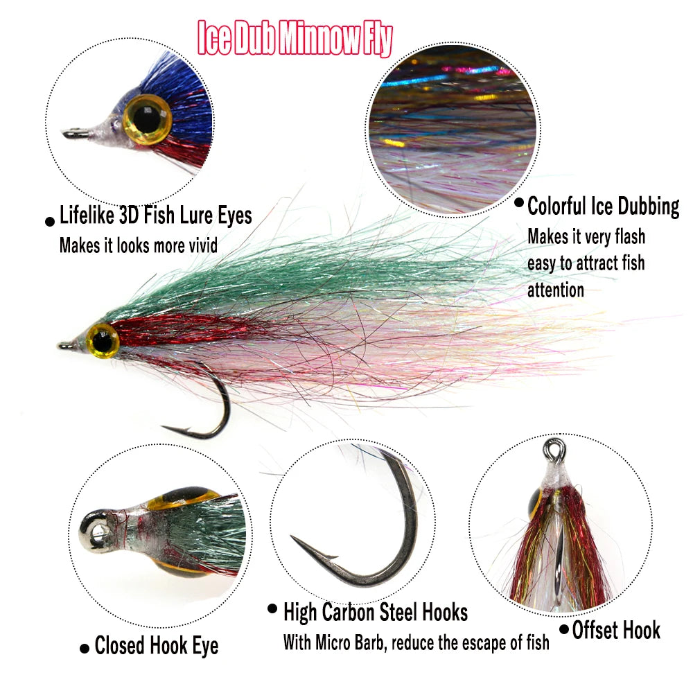 Wifreo 6pcs Wounded Ice Dub Minnow Fly Fishing Flies Realistic Baitfish Lures For Salmon Trout Sea Bass Steelhead