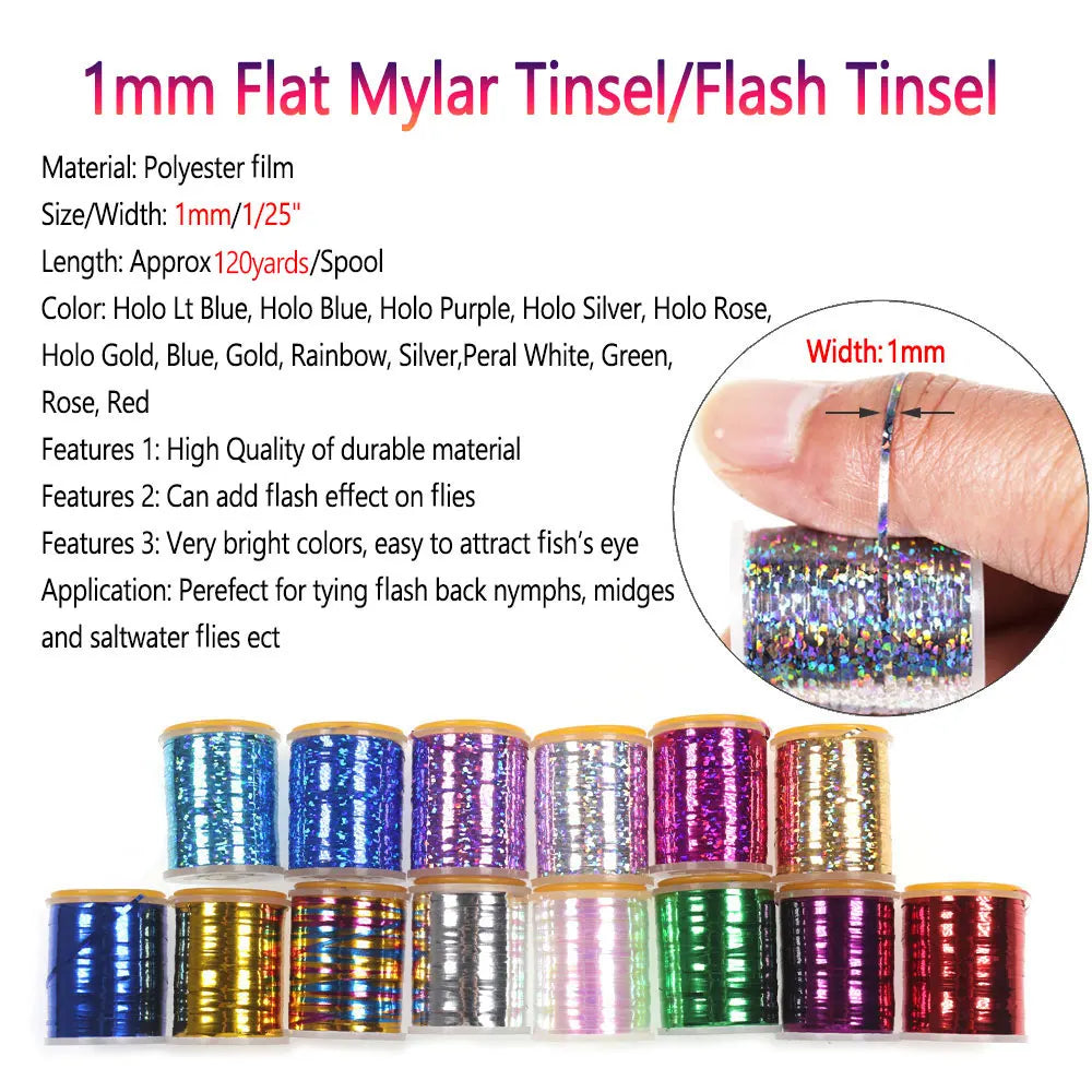 Bimoo 0.3mm /1mm Fly Tying Flat Mylar Tinsel Holographic Flash Tinsel Dry Wet Nymph Streamer Trout Fishing Fly Tying Material