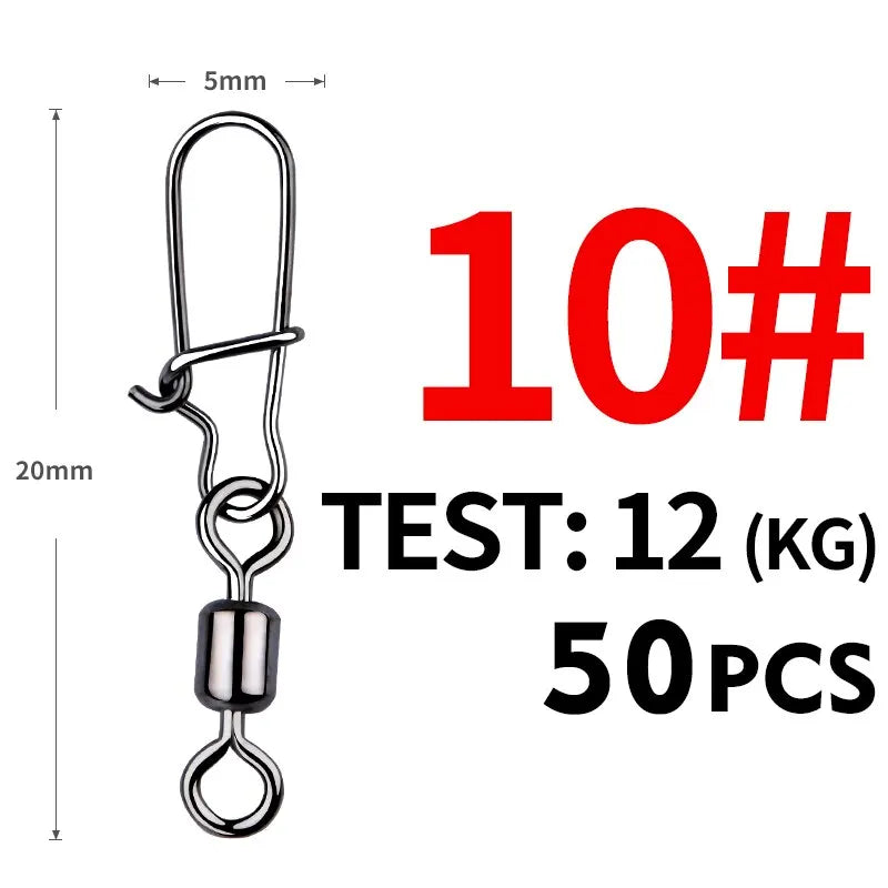 50pcs/lot Fishing Connector 2# 4# 6# 8# 10# Pin Bearing Rolling Swivel Stainless Steel With Snap Fishhook Lure Tackle