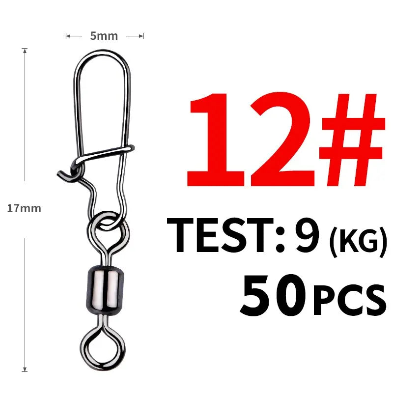50pcs/lot Fishing Connector 2# 4# 6# 8# 10# Pin Bearing Rolling Swivel Stainless Steel With Snap Fishhook Lure Tackle