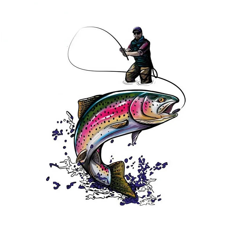 New Design Creative Cartoon Snake River Mountain Trout Sticker Bumper Grille Fishing Art Waterproof Car Sticker, 13cm