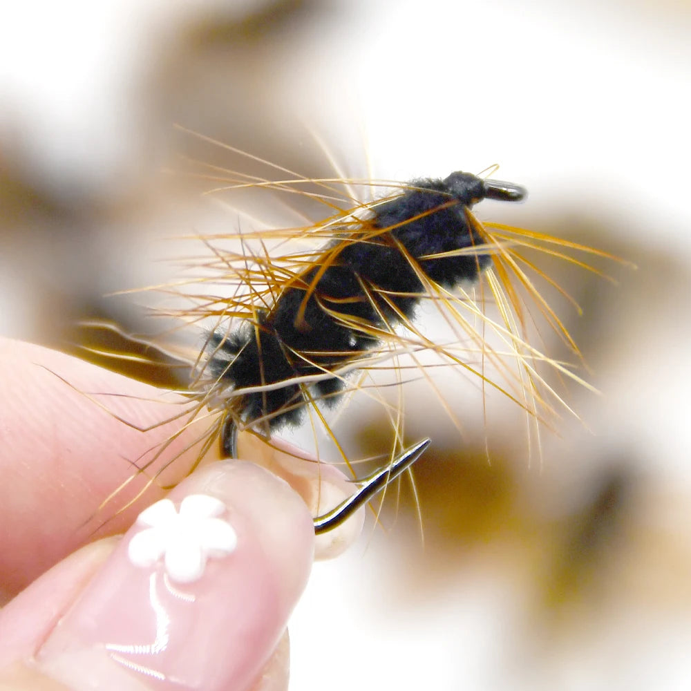 MNFT 10Pcs Fly Fishing Lure Gold Trout Flies Artificial Bait Black Worm Body Fake Baits Hook 6#