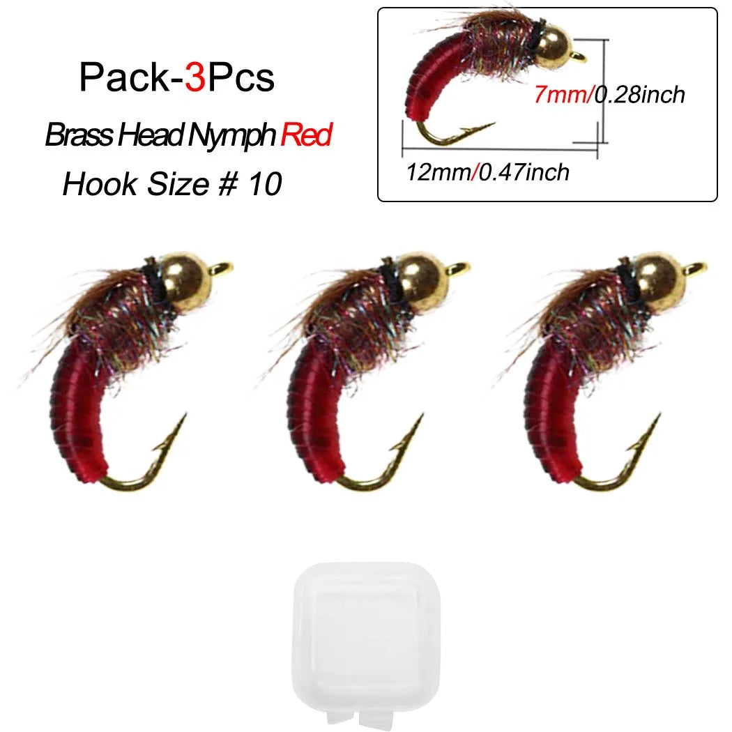 1/3Pcs/Box #10 Fishing Accessories Brass Bead Head Sinking Nymph Scud Fly Worm Trout Fishing Flies Artificial Insect Bait Lure