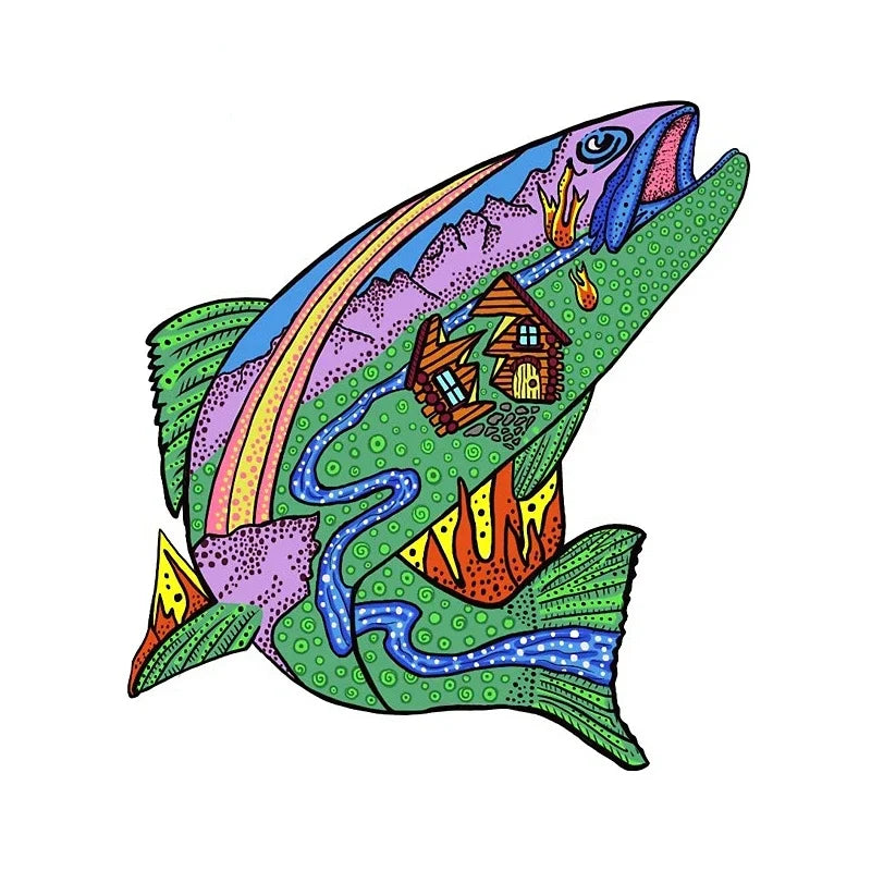 New Design Creative Cartoon Snake River Mountain Trout Sticker Bumper Grille Fishing Art Waterproof Car Sticker, 13cm