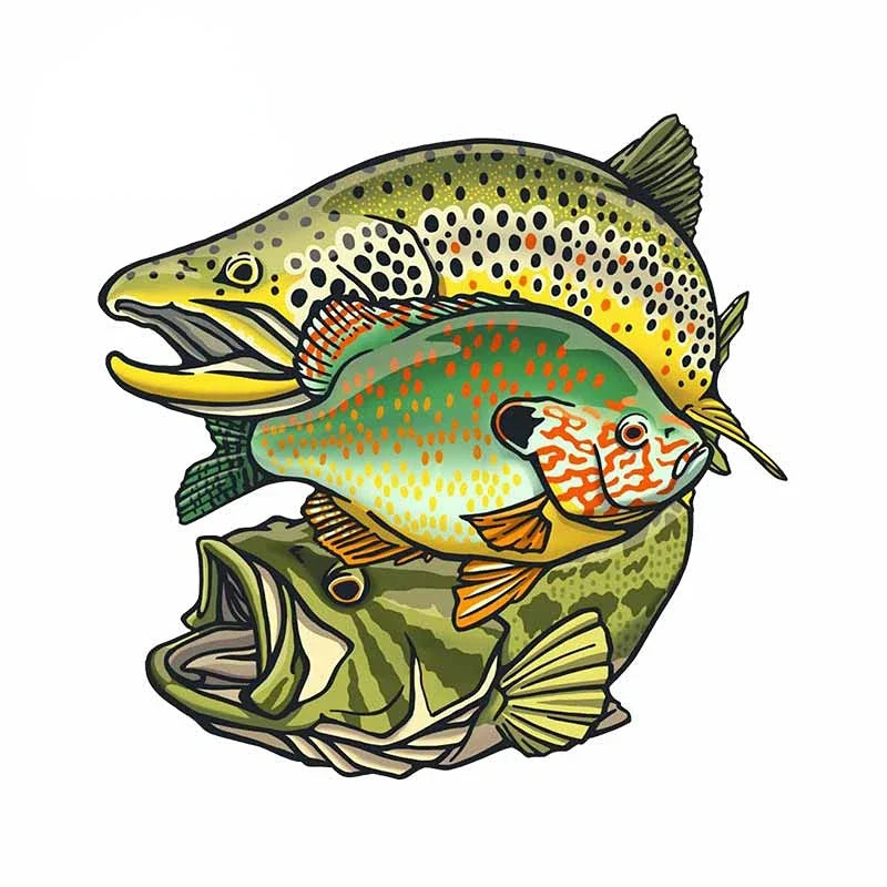 New Design Creative Cartoon Snake River Mountain Trout Sticker Bumper Grille Fishing Art Waterproof Car Sticker, 13cm
