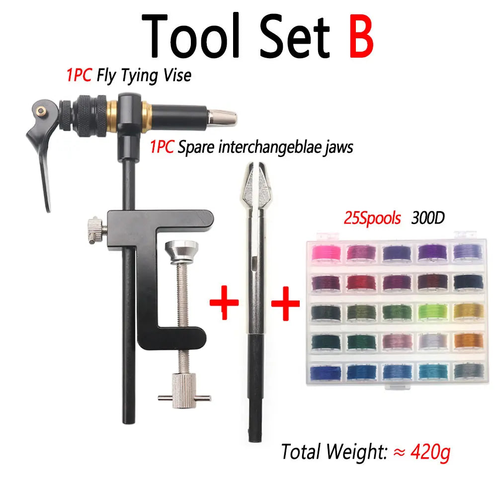 Bimoo 360° Rotation C-Clamp Fly Tying Vise Hardened Steel Jaws Jig Lure Making Tool Fly Tying Tool Kit 300D Assist Binding Threa