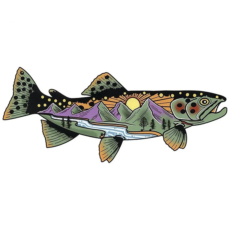 New Design Creative Cartoon Snake River Mountain Trout Sticker Bumper Grille Fishing Art Waterproof Car Sticker, 13cm