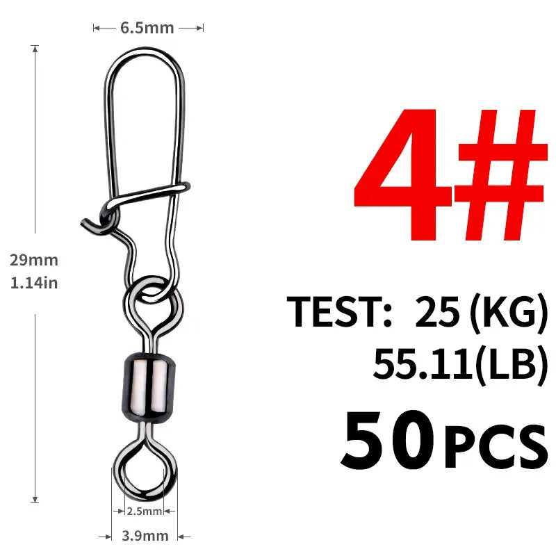 50pcs/lot Fishing Connector 2# 4# 6# 8# 10# Pin Bearing Rolling Swivel Stainless Steel With Snap Fishhook Lure Tackle