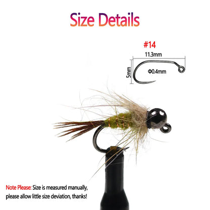Bimoo 6pcs #14 Tungsten Bead Head Hare's Ear Jig Nymph Fly Barbless Fast Sinking Wet Euro Nymph Fly Trout Fishing Lures Baits