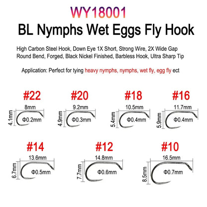 Vampfly 50pcs/Pack Barbed and Barbless Fishing Fly Tying Hook Nymphs Pupa Egg Fly Dry Fly Wet Fly Hook 60° Angle Jig Nymph Hook