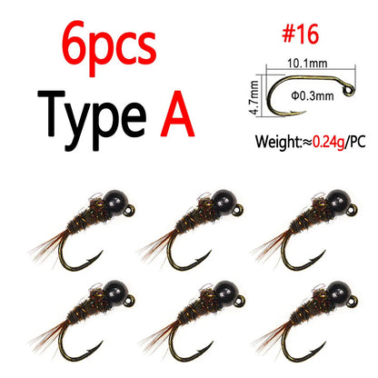 Bimoo 6PCS #16 Barbed Tungsten Bead Head Jig Nymph Fly Pheasant Tail Fast Sinking Wet Euro Nymph Fly Trout Fishing Lures Baits