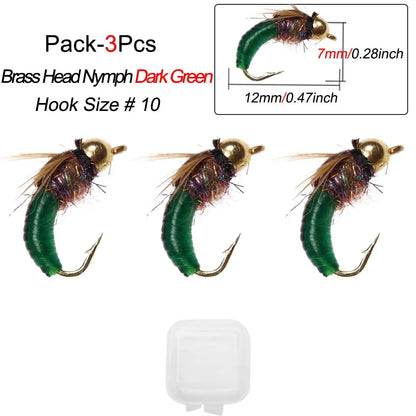 1/3Pcs/Box #10 Fishing Accessories Brass Bead Head Sinking Nymph Scud Fly Worm Trout Fishing Flies Artificial Insect Bait Lure