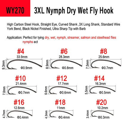 WIFREO 50pcs High Carbon Steel Fly Fishing Hooks 8#~22# Dry&Wet&Nymph&Shrimp Caddis Pupa Streamer Fly Tying Hooks