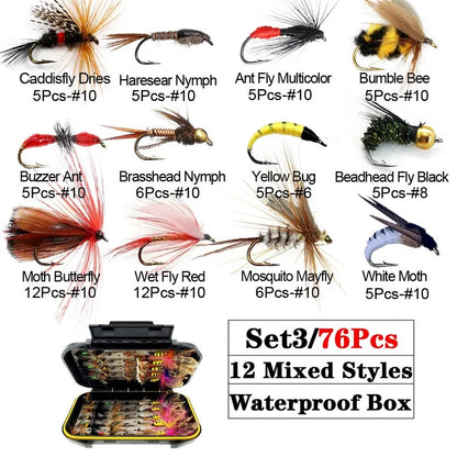 Trout Fly Fishing Flies Collection 32-112Pcs Flies Dry Wet Nymph Streamers Fly Assortment with Fly Box Flyfishing Fly Lures Kits