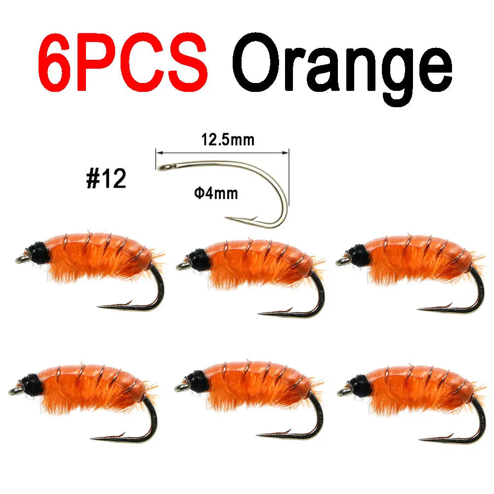 Vampfly 6pcs 12# Olive Orange Scud Nymph Fly Tying On Barbed Hook For Trout Fishing Lures