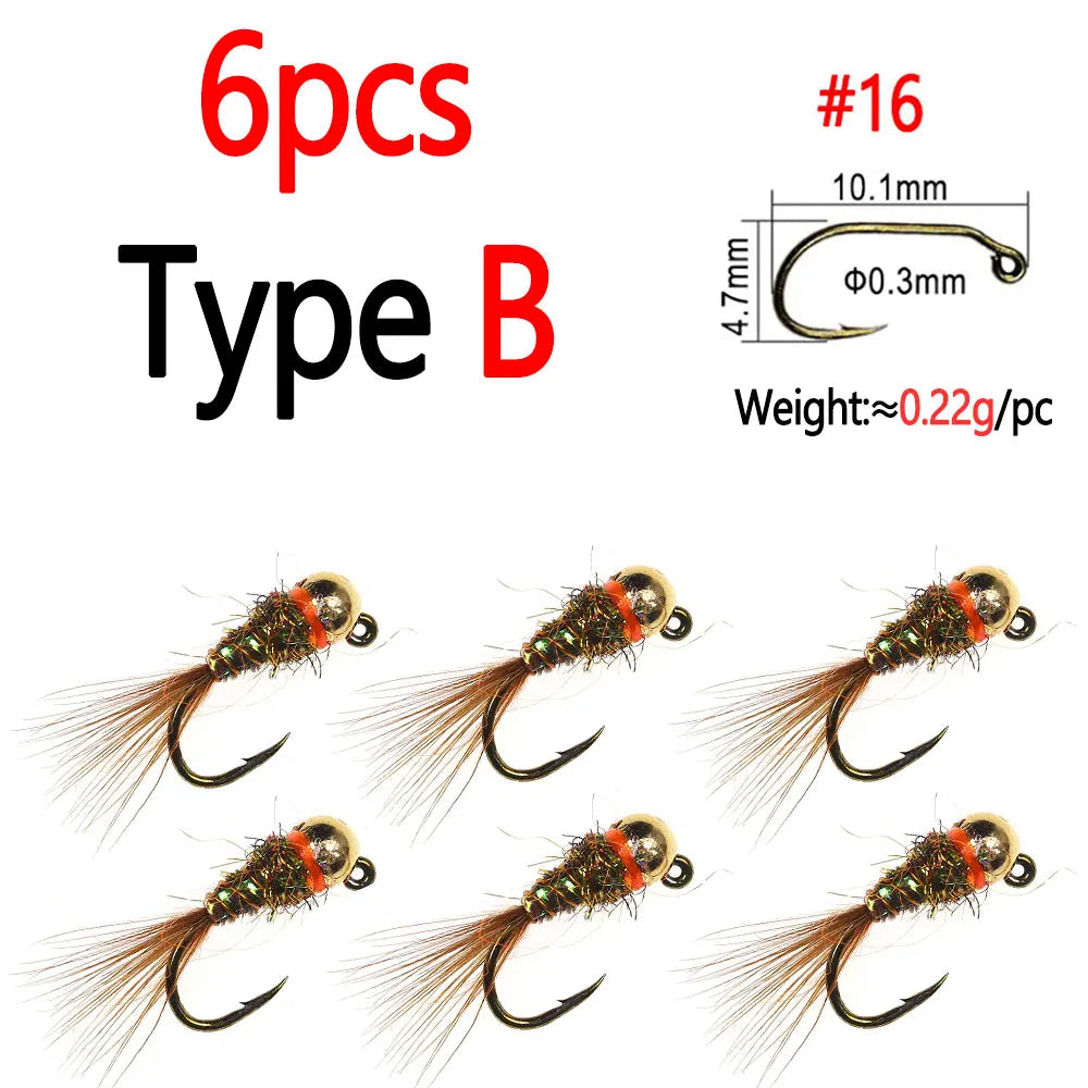 Bimoo 6PCS #16 Barbed Tungsten Bead Head Jig Nymph Fly Pheasant Tail Fast Sinking Wet Euro Nymph Fly Trout Fishing Lures Baits