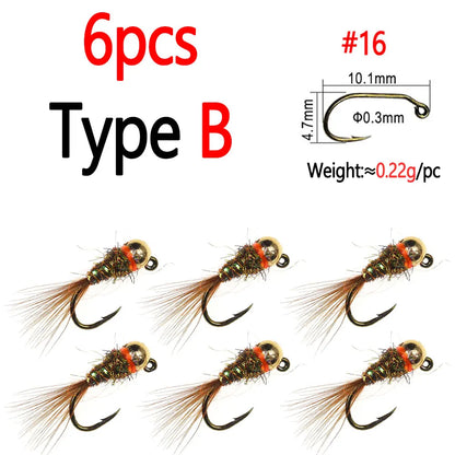 Bimoo 6PCS #16 Barbed Tungsten Bead Head Jig Nymph Fly Pheasant Tail Fast Sinking Wet Euro Nymph Fly Trout Fishing Lures Baits