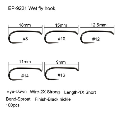 Eupheng 50pcs Competition Barbless Fly Fishing Hook Tying Materails Dry Nymph Shirmp Wet Caddis Fly Hook Black Nickle