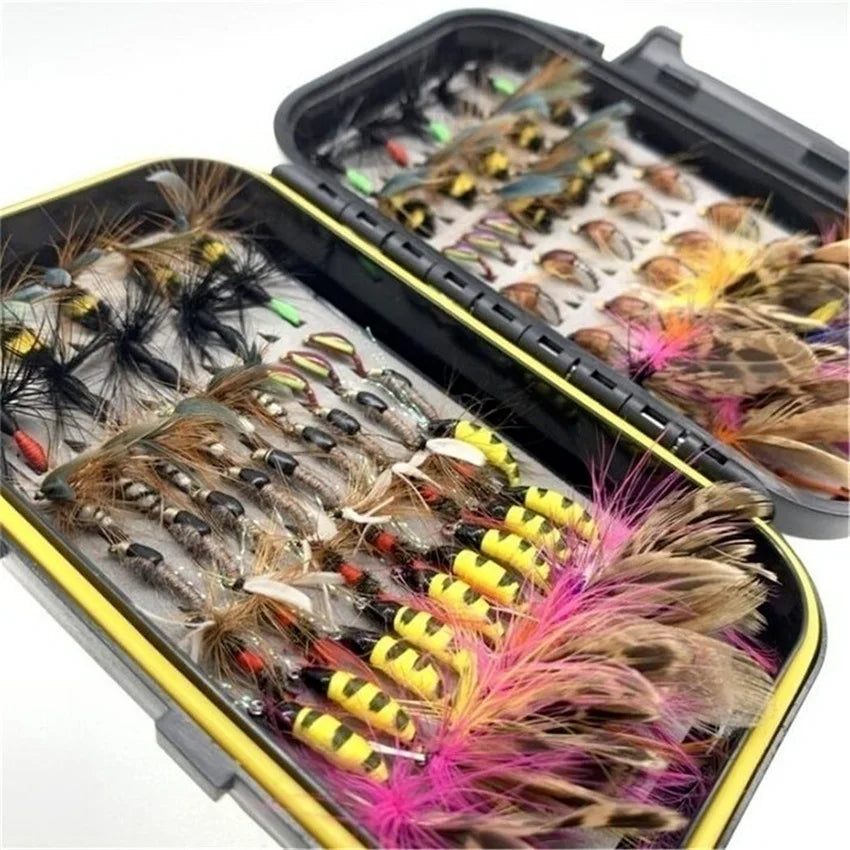 Trout Fly Fishing Flies Collection 32-112Pcs Flies Dry Wet Nymph Streamers Fly Assortment with Fly Box Flyfishing Fly Lures Kits