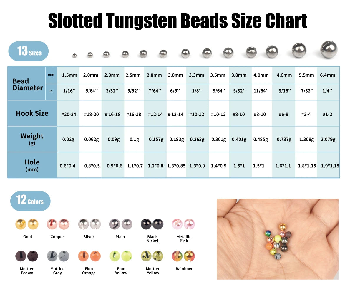 Elite TG Tungsten Slotted Beads 50PCS,1.5-3.5mm Fly Fishing Trout Perch Panfish Hook DIY Fly Tying Material, Alloy Accessories