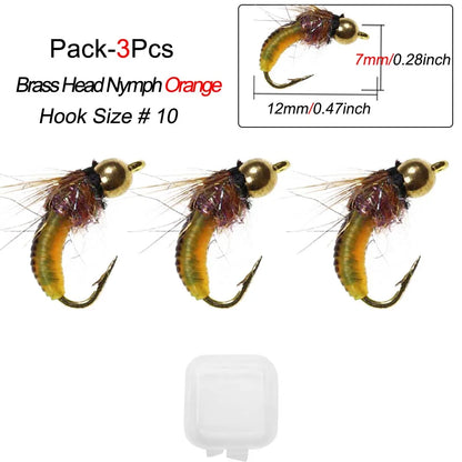 1/3Pcs/Box #10 Fishing Accessories Brass Bead Head Sinking Nymph Scud Fly Worm Trout Fishing Flies Artificial Insect Bait Lure