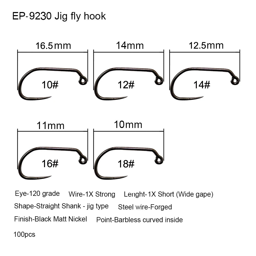 Eupheng 50pcs Competition Barbless Fly Fishing Hook Tying Materails Dry Nymph Shirmp Wet Caddis Fly Hook Black Nickle