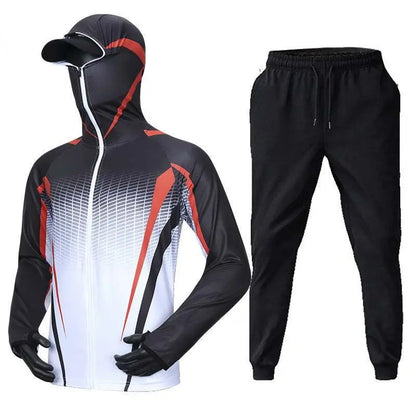 New Summer Men's Fishing Clothing Mosquito Protection and UV Protection, New Ice Silk Hooded Fishing Jacket and Pants 2pcs Set