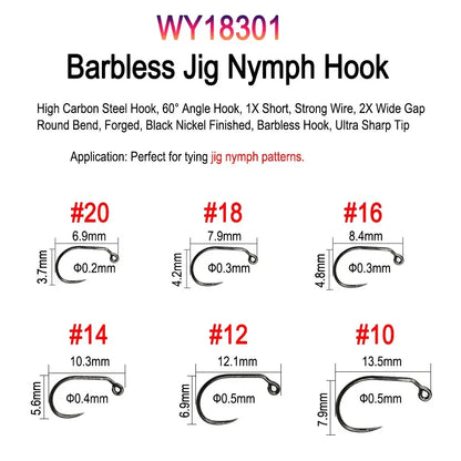 Vampfly 50pcs/Pack Barbed and Barbless Fishing Fly Tying Hook Nymphs Pupa Egg Fly Dry Fly Wet Fly Hook 60° Angle Jig Nymph Hook