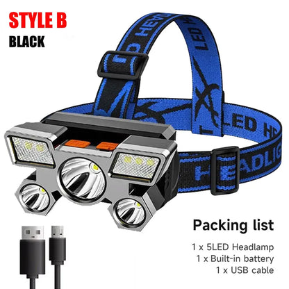 5 LED Flashlight Rechargeable with Built in Lithium Battery Strong Head Light Camping Adventure Fishing Cycling Headlamp