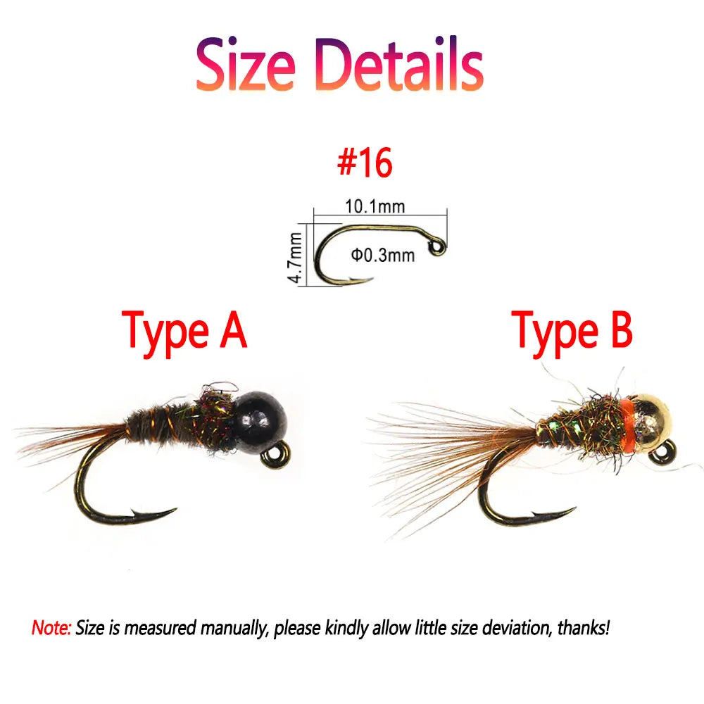 Bimoo 6PCS #16 Barbed Tungsten Bead Head Jig Nymph Fly Pheasant Tail Fast Sinking Wet Euro Nymph Fly Trout Fishing Lures Baits