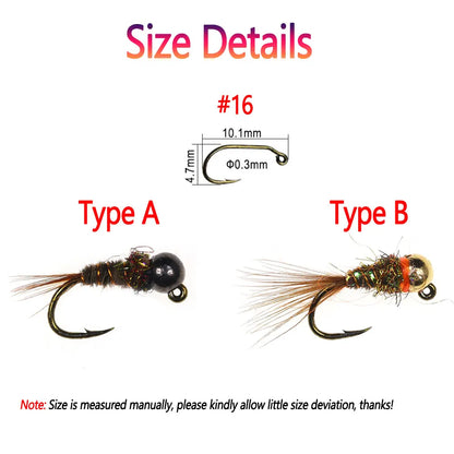 Bimoo 6PCS #16 Barbed Tungsten Bead Head Jig Nymph Fly Pheasant Tail Fast Sinking Wet Euro Nymph Fly Trout Fishing Lures Baits