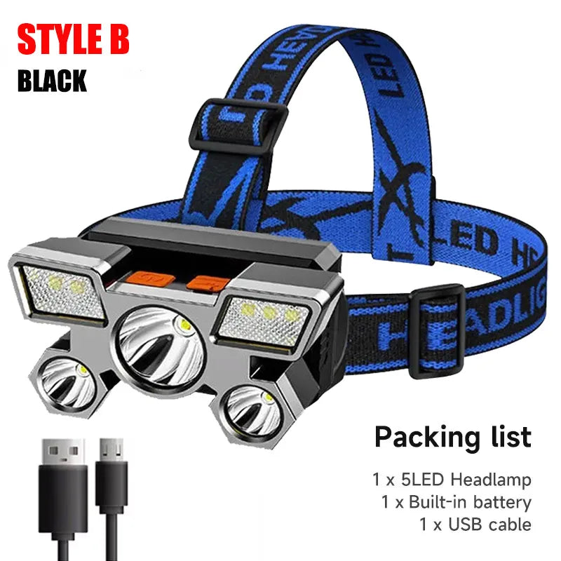 5 LED Flashlight Rechargeable with Built in Lithium Battery Strong Head Light Camping Adventure Fishing Cycling Headlamp