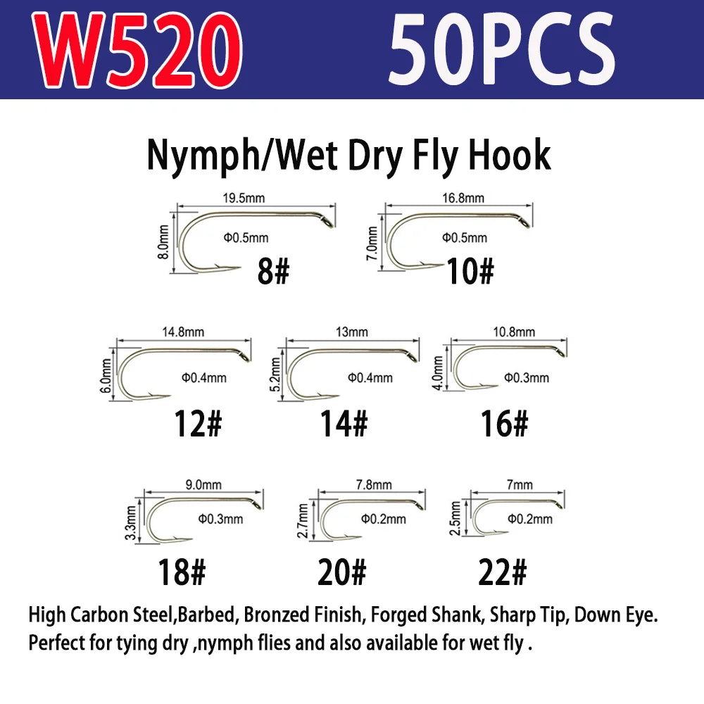 Vampfly 50pcs Barbed Fishing Fly Hook Nymphs Pupa Egg Fly Dry Fly Wet Fly Jig Nymph Hook Caddis Streamer Fly Tying Hook