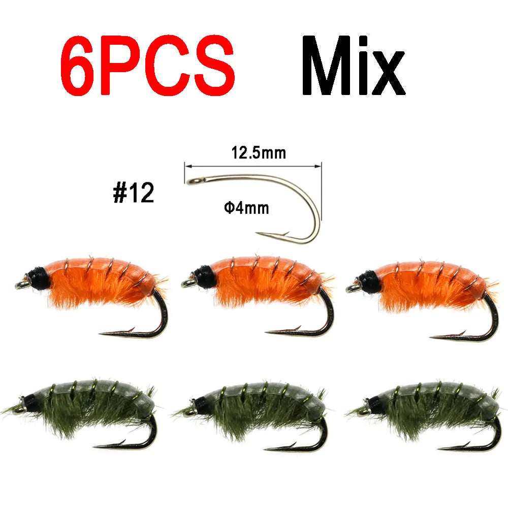 Vampfly 6pcs 12# Olive Orange Scud Nymph Fly Tying On Barbed Hook For Trout Fishing Lures