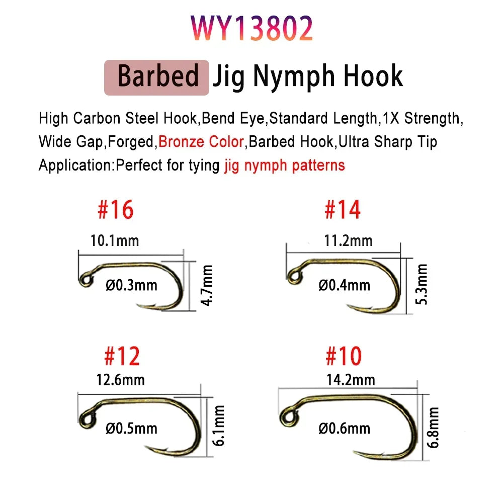 Vampfly 50pcs/Pack Barbed and Barbless Fishing Fly Tying Hook Nymphs Pupa Egg Fly Dry Fly Wet Fly Hook 60° Angle Jig Nymph Hook