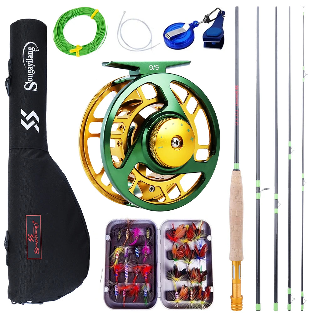 Sougayilang Fly Fishing Rod and Reel Full Kit 5sections Carbon Fly Fishing Rod and 5/6 Reel Perch Fly Fishing Suitable for Pesca