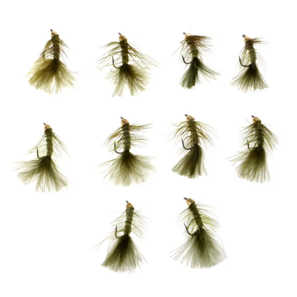 10pcs 1.8'' Olive Wooly Bugger Flies Bead Head Nymph Flies Insects Wet Flies with Artificial Feathers and Barbed Single Hook