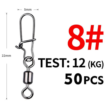 50pcs/lot Fishing Connector  2# 4# 6# 8# 10# Pin Bearing Rolling Swivel Stainless Steel With Snap Fishhook Lure Tackle