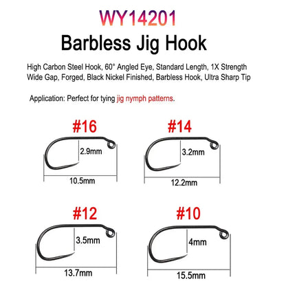 Vampfly 50pcs/Pack Barbed and Barbless Fishing Fly Tying Hook Nymphs Pupa Egg Fly Dry Fly Wet Fly Hook 60° Angle Jig Nymph Hook