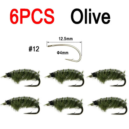 Vampfly 6pcs 12# Olive Orange Scud Nymph Fly Tying On Barbed Hook For Trout Fishing Lures